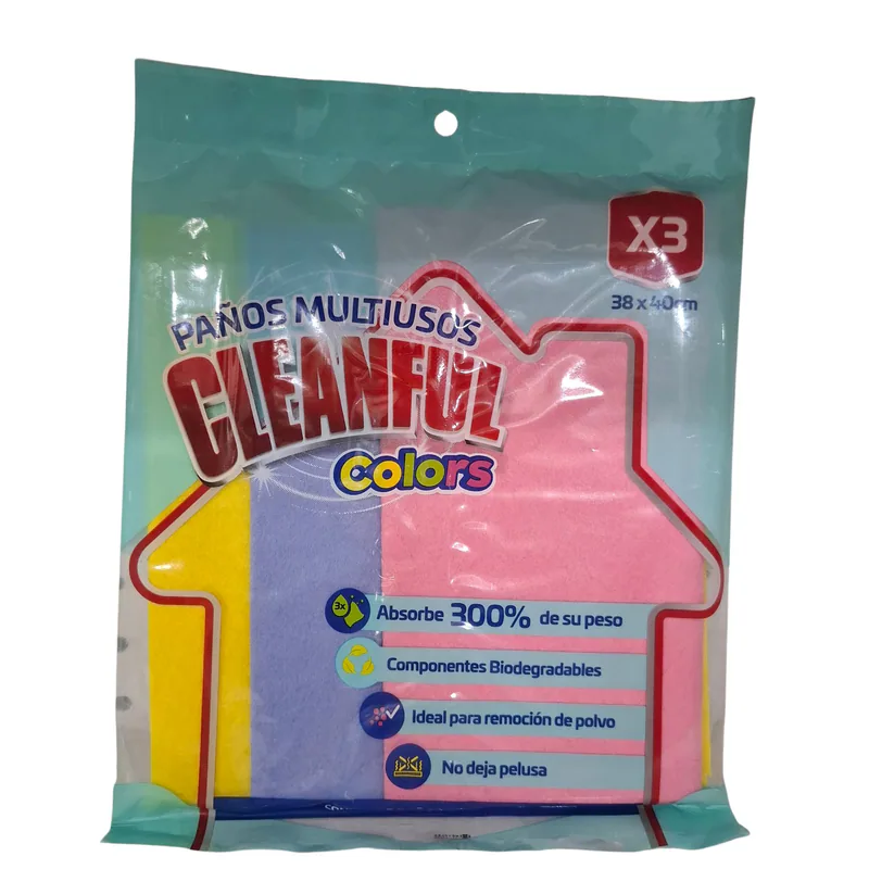 PAÑOS MULTIUSOS CLEANFUL COLORS 38X40CM X3U