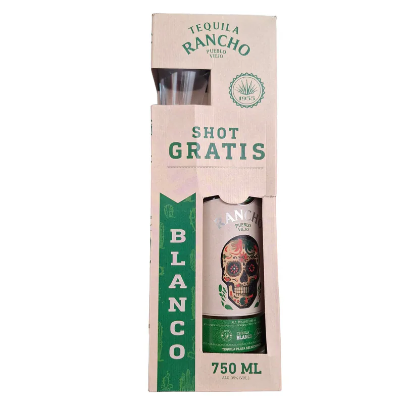 TEQUILA RANCHO PUEBLO VIEJO CON VASO 750 ML